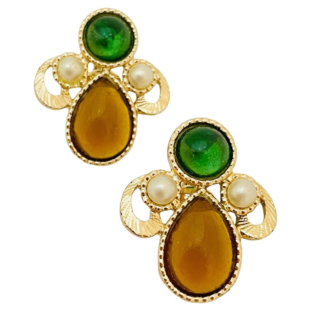 EMMONS signed gold jewel designer clip on earrings